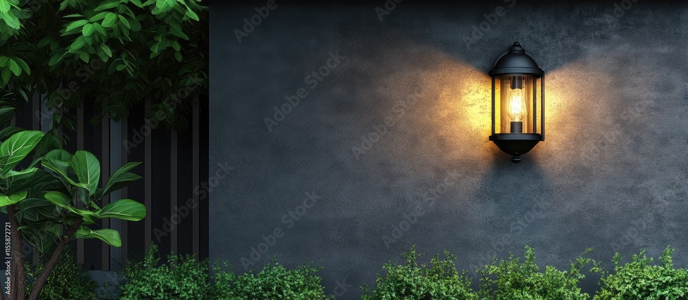 Modern black exterior wall lamp illuminating a stylish porch complementing upscale garden design with lanterns and rustic charm