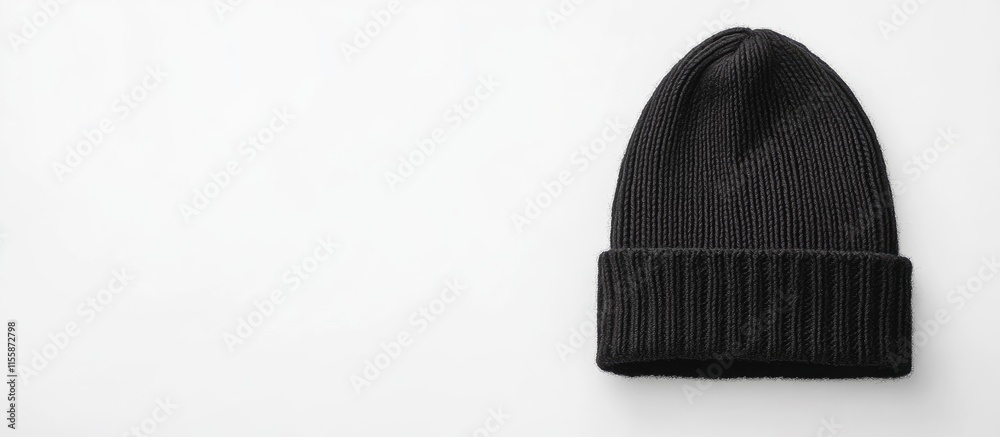 Black foldover beanie on a white background with ample copyspace for text and branding opportunities in an advertising context Black foldover beanie on a white background with ample copyspace for text and branding opportunities in an advertising context