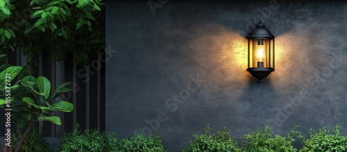 Obraz na płótnie Modern black exterior wall lamp illuminating a stylish porch complementing upscale garden design with lanterns and rustic charm w salonie