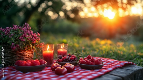 Evening picnic by the lake with candles and snacks in a serene outdoor setting