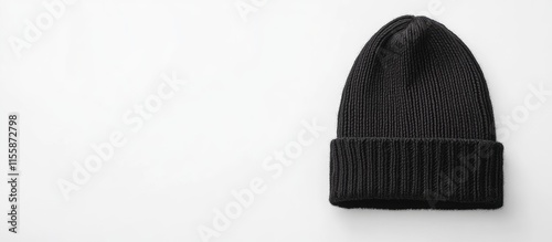 Black foldover beanie on a white background with ample copyspace for text and branding opportunities in an advertising context photo