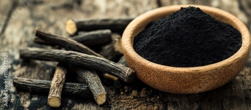 Black licorice root powder and fresh roots on rustic wooden table showcasing potency of herbal remedies for health and wellness with space for text photo