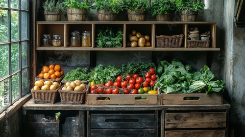 Freshly harvested vegetables displayed in rustic baskets in a cozy farm shop ...