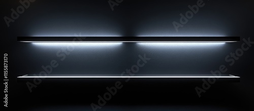 Black illuminated shelves with empty space for customizable text and modern minimalist design against a dark background