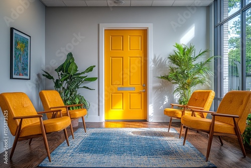 Brightly colored waiting area with yellow door and empty chairs in a quiet bu...