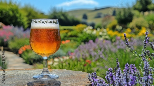 Golden beer in a serene garden during sunset with lush greenery and grapes