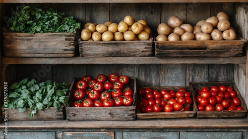 Freshly harvested vegetables displayed in rustic baskets in a cozy farm shop ...