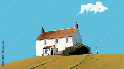 Y a quaint old delapidated english inn minimal image sitting on top of a hill with bright blue sky photorealistic -