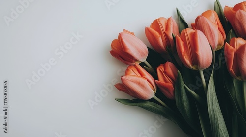 Side view of a vibrant bouquet of orange tulips on a white background with ample copy space for text or branding purposes. photo