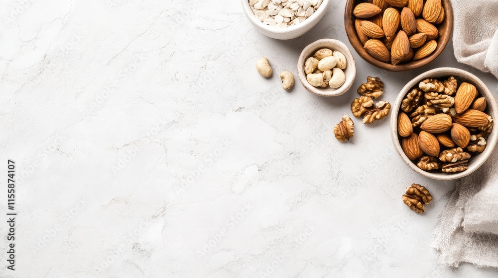Assorted Almonds and Walnuts in Small Bowls with Oats on Light Marble Background Assorted Almonds and Walnuts in Small Bowls with Oats on Light Marble Background