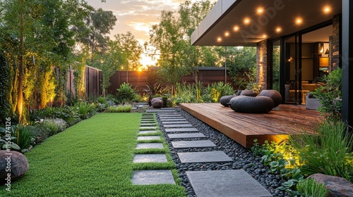 Modern architectural design of a beautifully lit house at dusk in a serene ou...