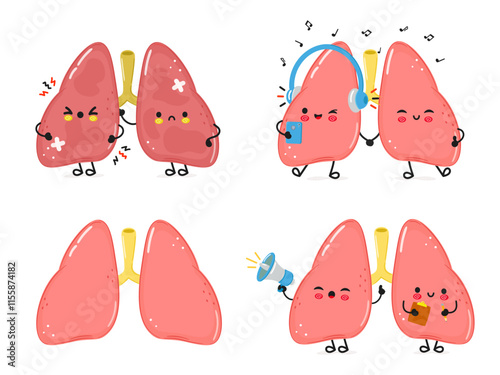 Funny Lungs characters bundle set. Vector hand drawn doodle style cartoon character illustration icon design. Cute Lungs mascot character collection