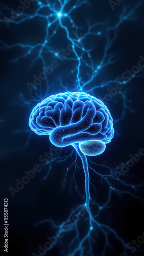 Illustration of a human brain with highlighted electrical activity around the vagus nerve, suggesting neurostimulation therapy or VNS (Vagus Nerve Stimulation). photo