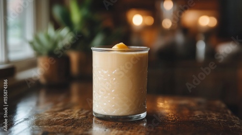 Delicious mango smoothie in a jar with fresh fruit on a wooden surface