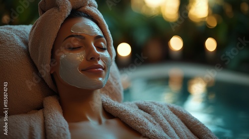 Relaxing woman with facial mask enjoying spa treatment near tranquil pool at ...