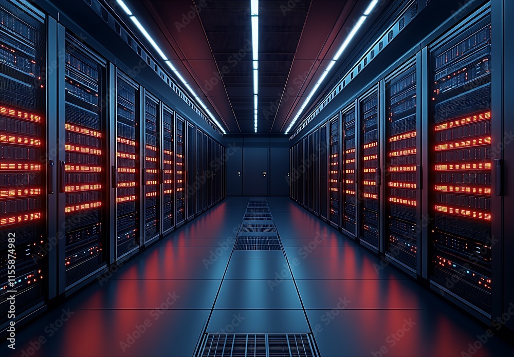 Advanced Server Room with Modern Data Infrastructure and Red LED Indicators : Generative AI Advanced Server Room with Modern Data Infrastructure and Red LED Indicators : Generative AI