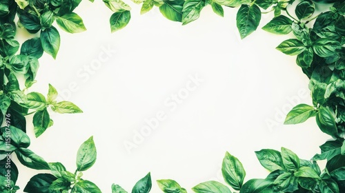 Vibrant close-up of fresh green basil leaves creating a lush border with ample empty space for text overlay in the center.
