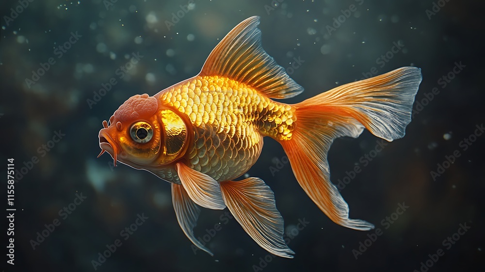 Generate an image of a goldfish with a focus on its fin anatomy, showing the two sets of paired fins and three sets of single fins Generate an image of a goldfish with a focus on its fin anatomy, showing the two sets of paired fins and three sets of single fins
