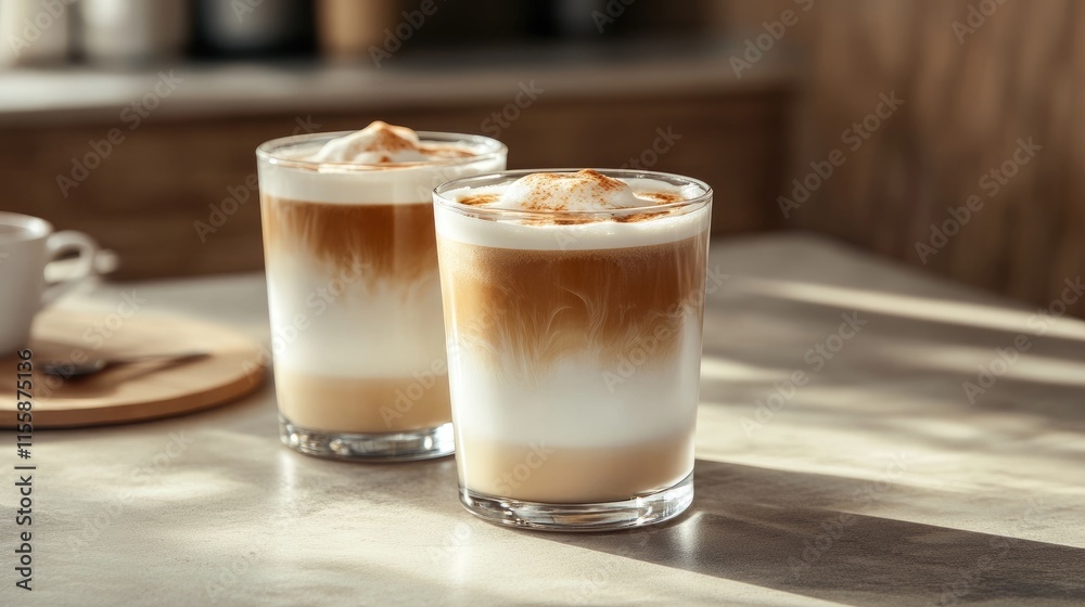 Close up of refreshing iced lattes in clear glasses on a cafe table with natural light and space for text overlay or marketing content Close up of refreshing iced lattes in clear glasses on a cafe table with natural light and space for text overlay or marketing content