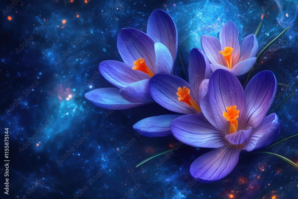 Fototapeta premium Crocus Blooms Against a Dark Blue Cosmic Background, Ethereal and Glowing Floral Art