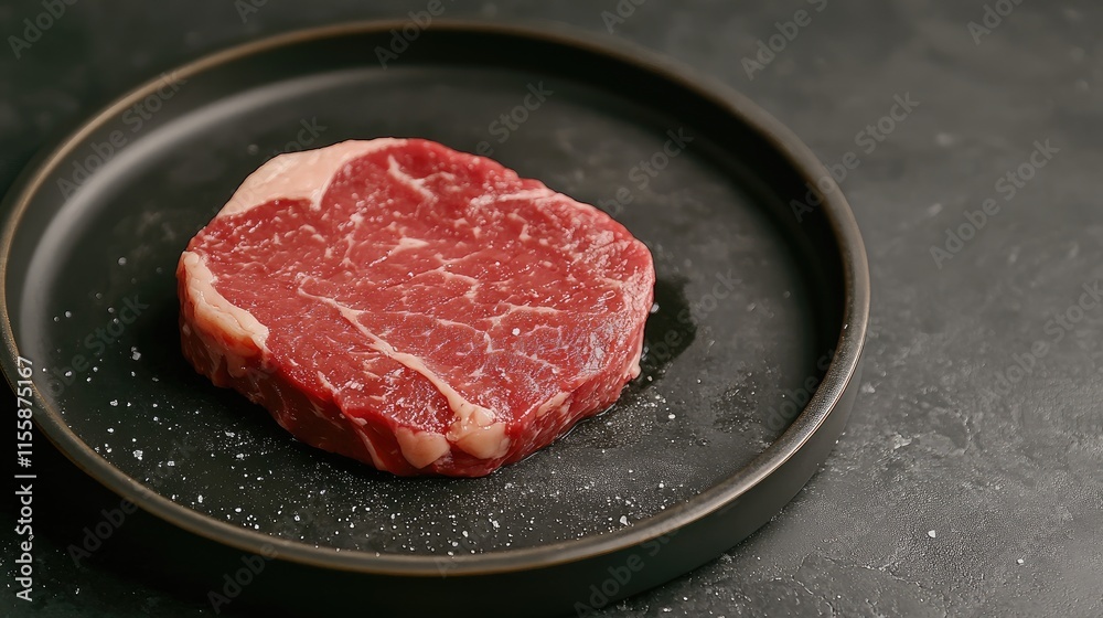 Fresh raw ribeye steak on a black frying plate ready for grilling with ample space for text showcasing gourmet cooking presentation Fresh raw ribeye steak on a black frying plate ready for grilling with ample space for text showcasing gourmet cooking presentation