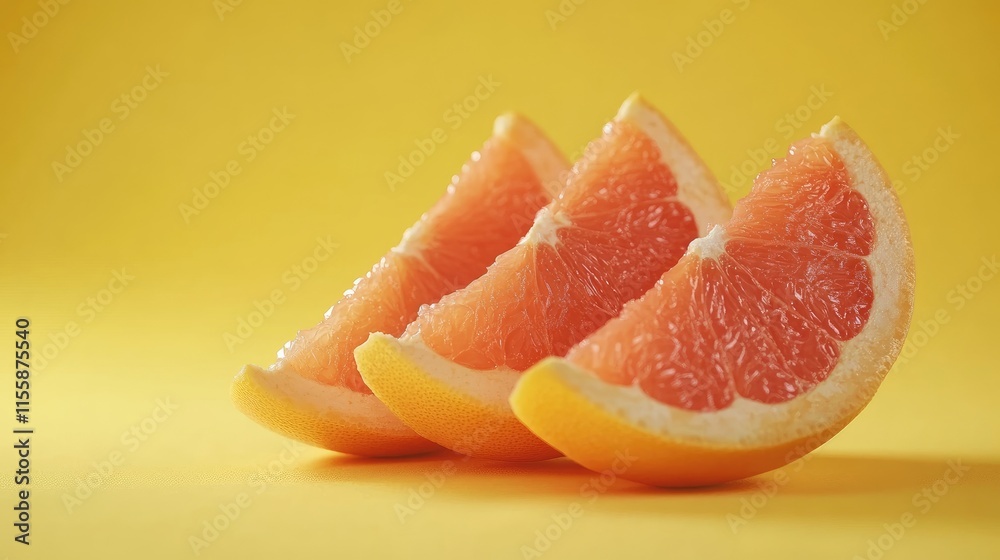 Fresh ripe grapefruit slices arranged on vibrant yellow background with ample copy space for text and marketing use. Fresh ripe grapefruit slices arranged on vibrant yellow background with ample copy space for text and marketing use.