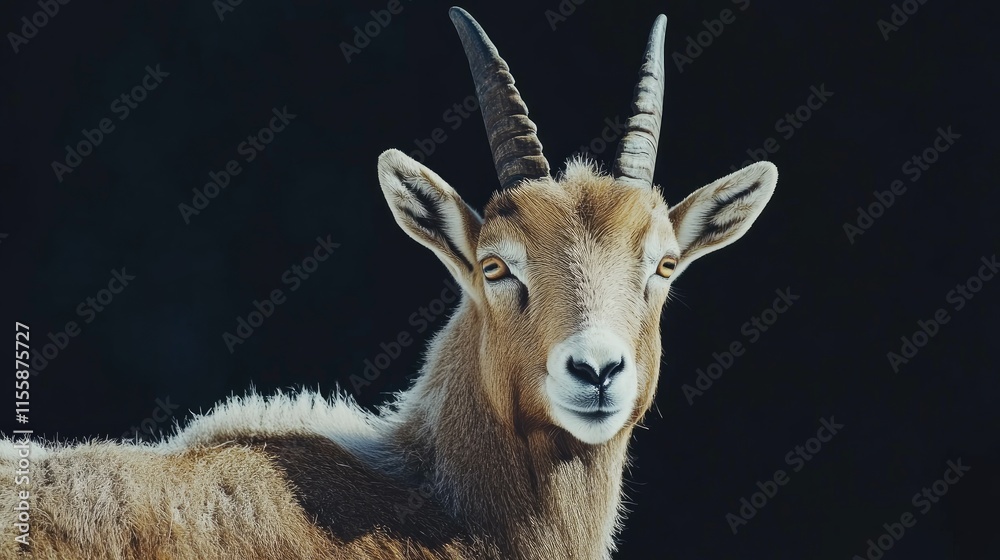 Close up portrait of an alpine ibex goat displaying majestic horns against a dark background with space for text or design elements Close up portrait of an alpine ibex goat displaying majestic horns against a dark background with space for text or design elements