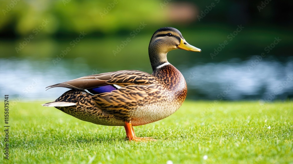 Female mallard duck standing on grass by the water displaying vibrant feathers and intricate beak with natural bokeh background for text space Female mallard duck standing on grass by the water displaying vibrant feathers and intricate beak with natural bokeh background for text space