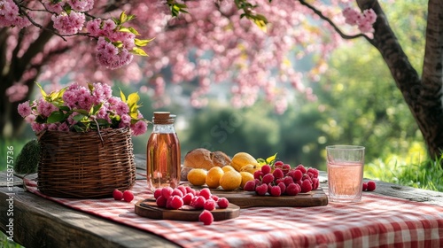 Picnic table under blooming trees by lake in springtime setting