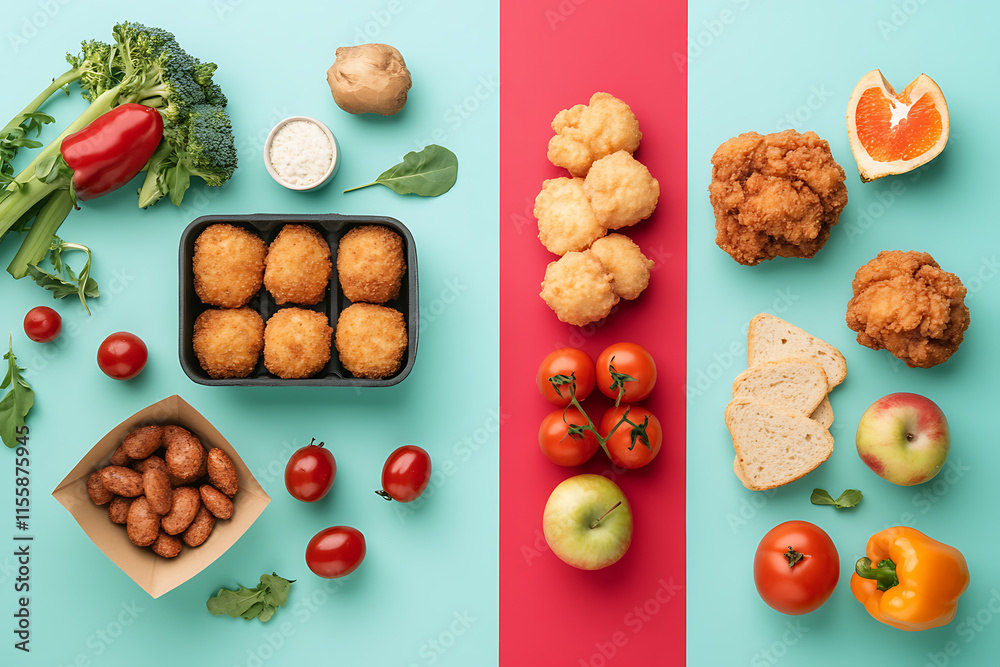 A visual comparison showcasing healthy vegetarian food like fresh vegetables, fruits, and salads on one side and unhealthy processed fast food like burgers, fries, and sugary drinks on the other, high A visual comparison showcasing healthy vegetarian food like fresh vegetables, fruits, and salads on one side and unhealthy processed fast food like burgers, fries, and sugary drinks on the other, high
