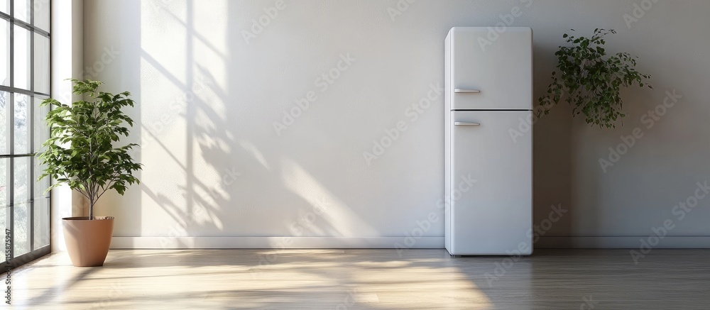 3D interior design of a contemporary white living room corner with a refrigerator and ample copyspace for design text or marketing content 3D interior design of a contemporary white living room corner with a refrigerator and ample copyspace for design text or marketing content