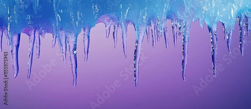 3D illustration of melting blue ice with colorful droplets and icicles on a gradient background highlighting climate change effects and empty space for text photo