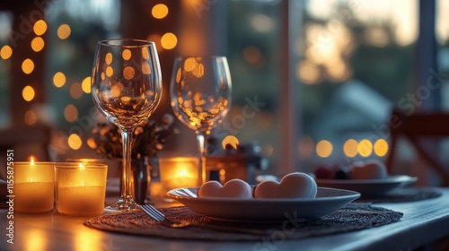 Romantic dinner setting with candles, wine glasses, and soft lighting at sunset