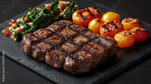 Grilled steak and vegetables prepared on a flat stone at a backyard barbecue