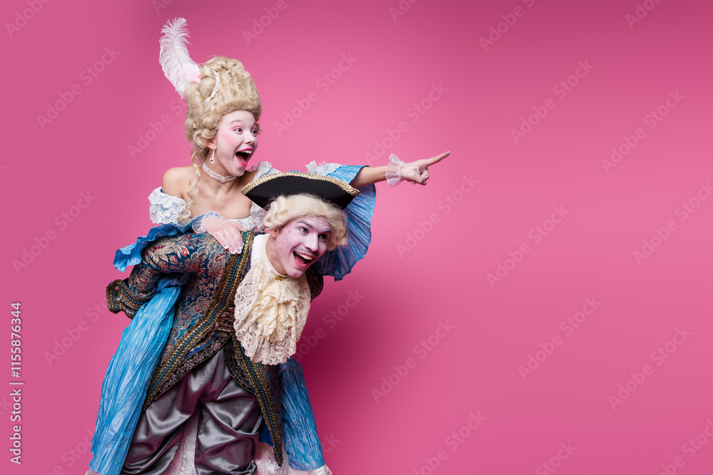 A joyful couple dressed in elegant historical costumes enjoys a playful moment against a vibrant pink background A joyful couple dressed in elegant historical costumes enjoys a playful moment against a vibrant pink background