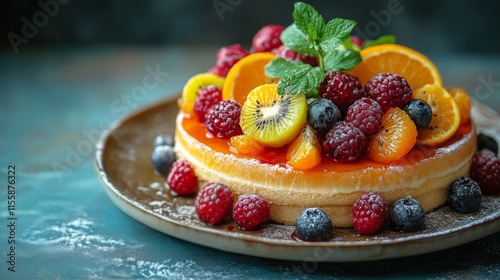Fresh fruit tart topped with assorted berries and citrus slices on a rustic p...
