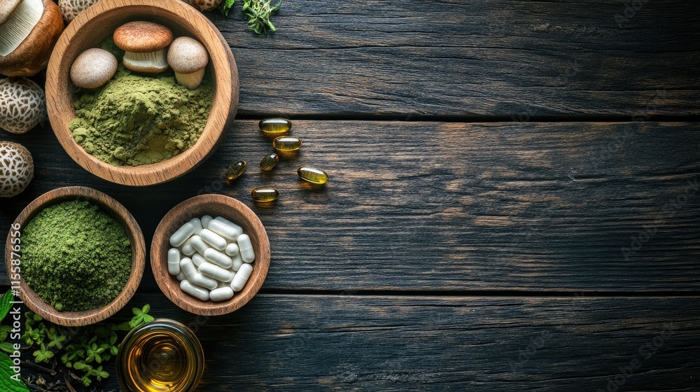 Rustic Wooden Table Displaying Herbal Extracts Organic Kratom Powder Tea Capsules and Oils with Copyspace for Natural Health Products Rustic Wooden Table Displaying Herbal Extracts Organic Kratom Powder Tea Capsules and Oils with Copyspace for Natural Health Products