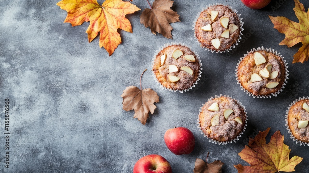 Autumn Apple Cinnamon Muffins with Autumn Leaves and Apples on Rustic Background Ideal for Brunch Inspiration and Text Placement Autumn Apple Cinnamon Muffins with Autumn Leaves and Apples on Rustic Background Ideal for Brunch Inspiration and Text Placement