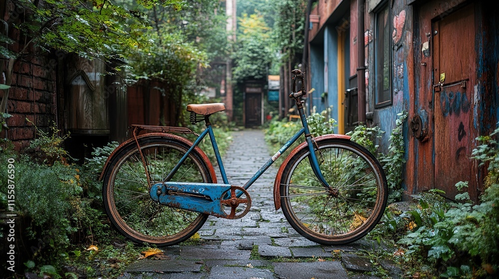 Fototapeta premium Rusty Bicycle in a Quiet Alleyway