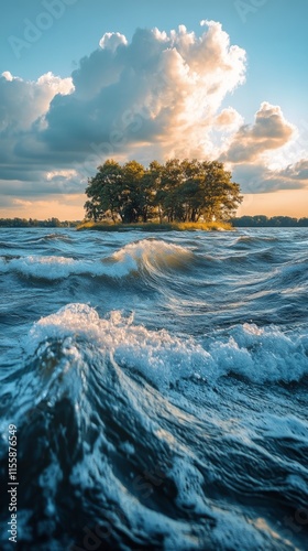 Waves crash against a serene island at sunset with golden light reflecting on...