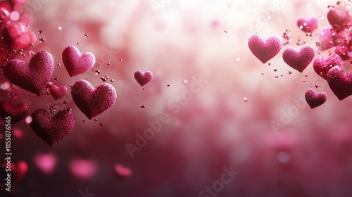 Floating hearts with sparkling droplets in a dreamy, colorful background