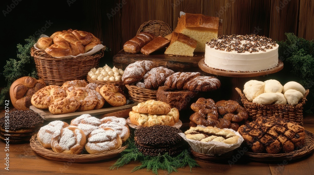 Assorted Fresh Bakery Items with Bread Buns Cakes and Sweets Displayed on Rustic Table Decorated with Greenery