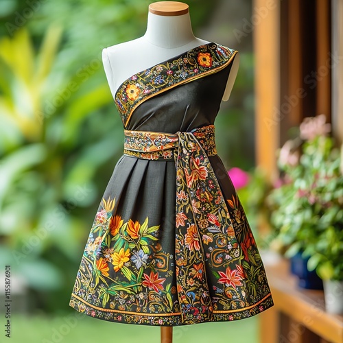 Lai Krajang pattern, featuring intricate border designs with fine lines, applied to a sleek wrap skirt, styled on a mannequin with a serene garden background. photo