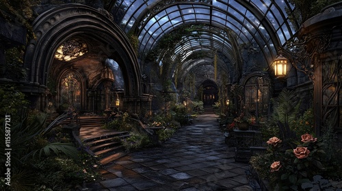 Gothic greenhouse, overgrown pathway, stone arches, lanterns, plants, flowers, dark fantasy.