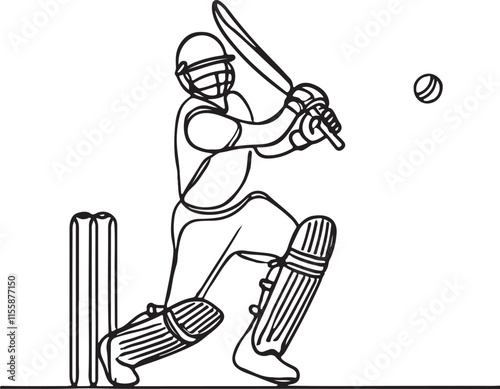 Cricket Batsman Batting in Minimalist Line Art Style