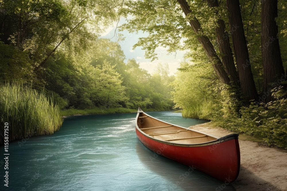 Fototapeta premium Red canoe rests on peaceful riverbank surrounded by lush greenery during golden hour