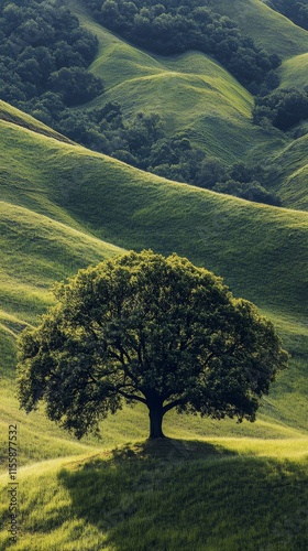 Lone tree standing atop rolling green hills during daylight in a serene lands...