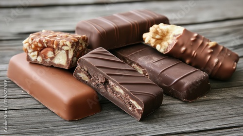 Assorted chocolate ice cream bars with nuts and chocolate coating displayed on a rustic wooden surface for a tempting dessert presentation photo