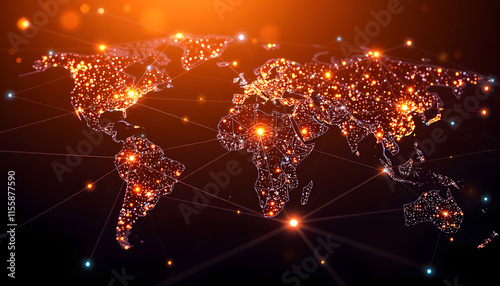 A stunning visualization of a global network connection with illuminated lines and nodes representing data exchange across continents, highlighting the interconnected world of modern technology, dra photo