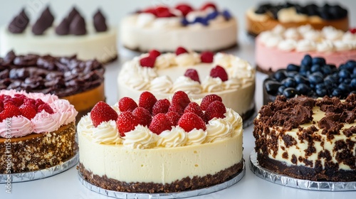 Wallpaper Mural Assorted gourmet cheesecakes elegantly arranged with fresh fruit toppings on a clean white background for dessert presentations. Torontodigital.ca